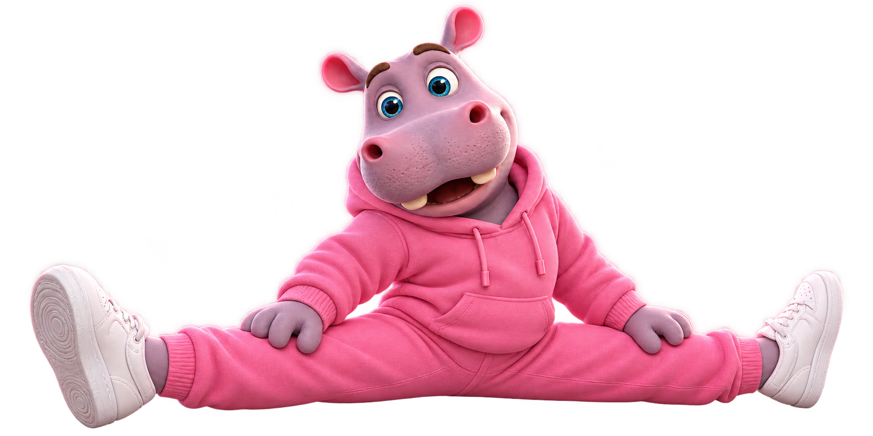 Benny, the pink hippo, sitting in a playful full split