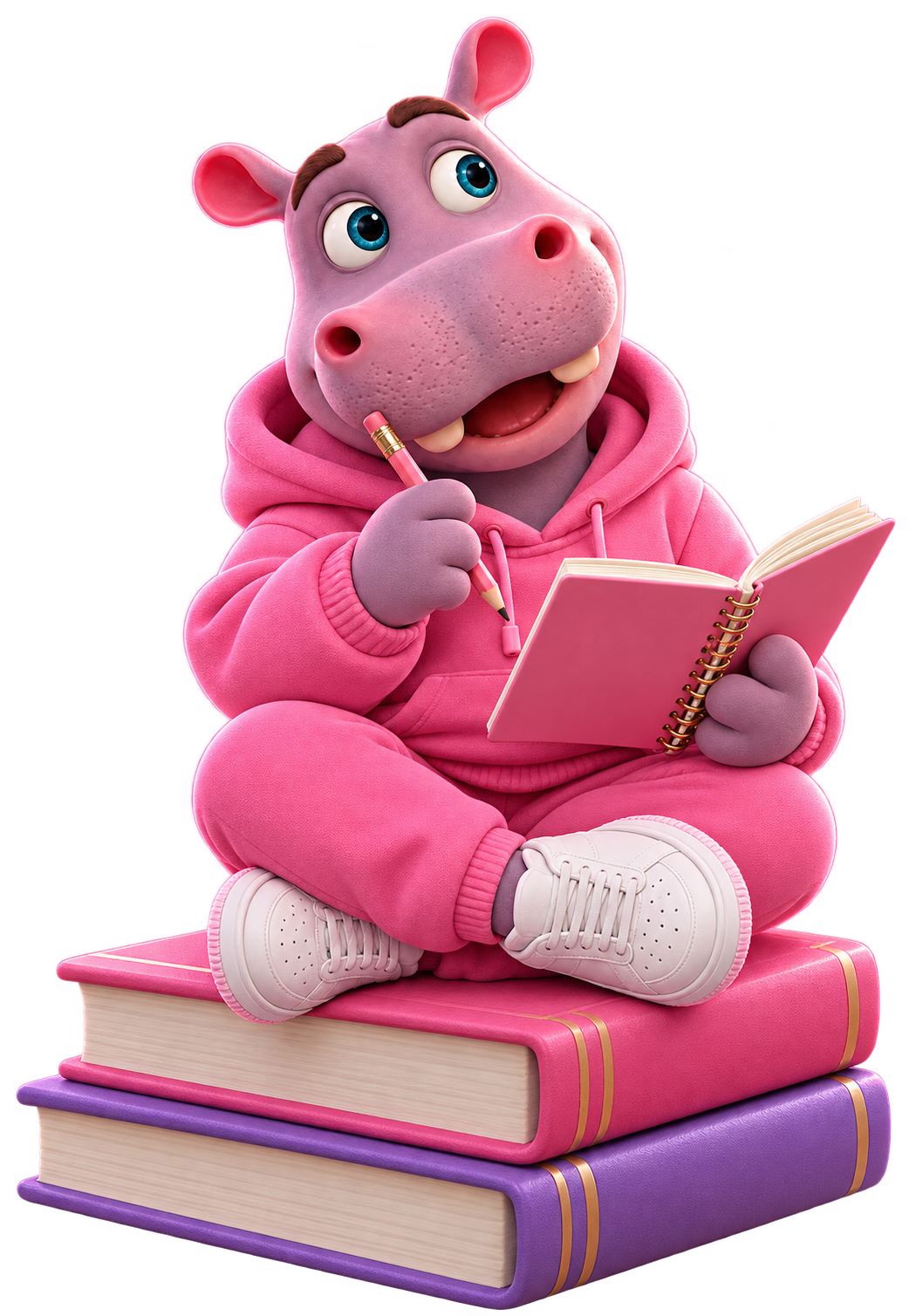 Benny the pink hippo studying with a notebook and pencil